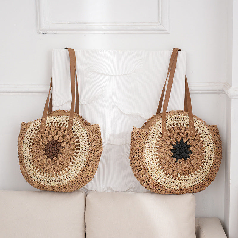 Women's Fashion Simple Multicolor Round Handmade Shoulder Straw Bag