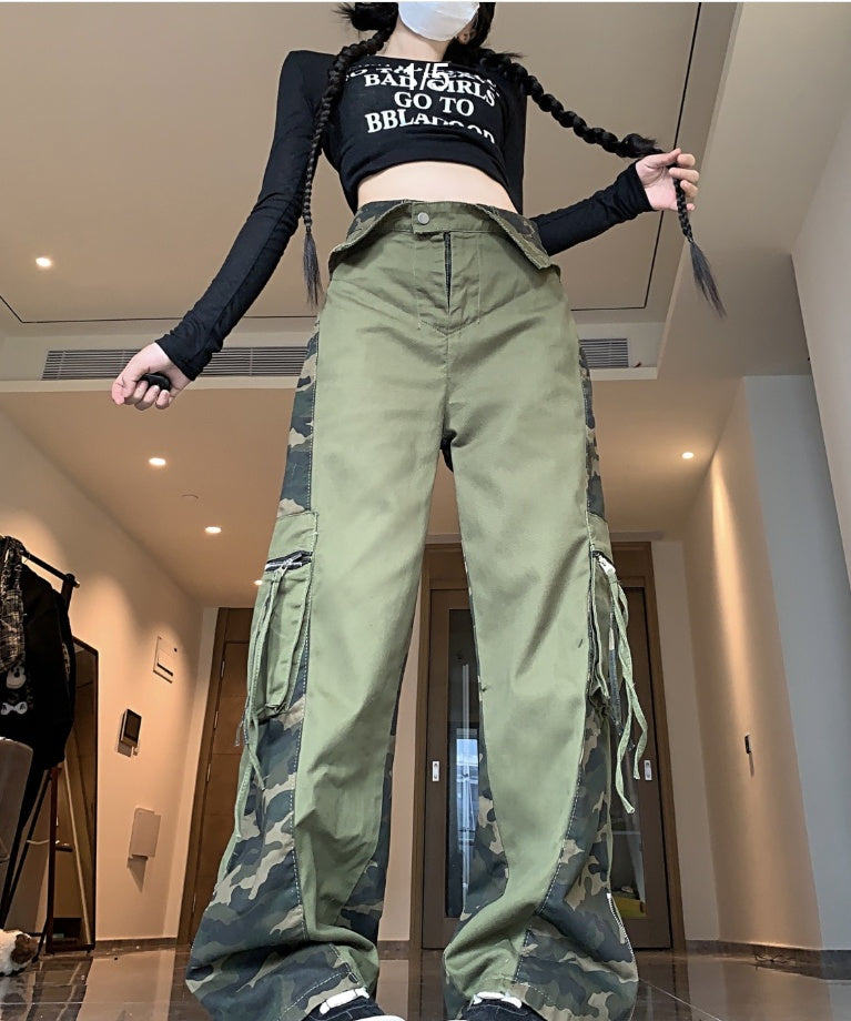 Retro High Waist Tooling Pants Fake Two Stitching Leopard Print Jeans