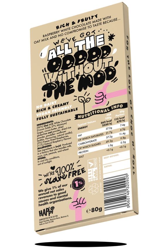 White Raspberry Happi Vegan Oat M!lk Chocolate Bar - 80g