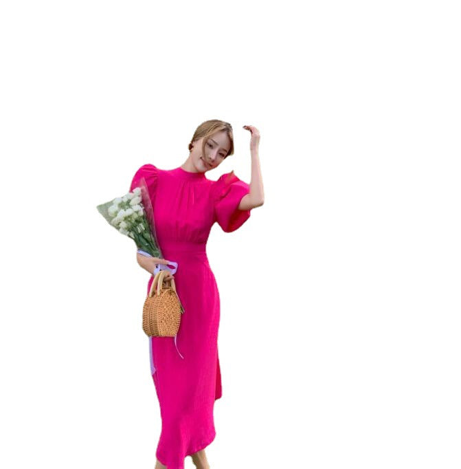 Red Strap Bubble Sleeve Backless Dress Summer