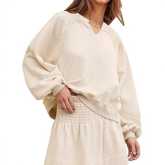 Women's Casual Lace Lantern Long Sleeve Solid Color Loose Top