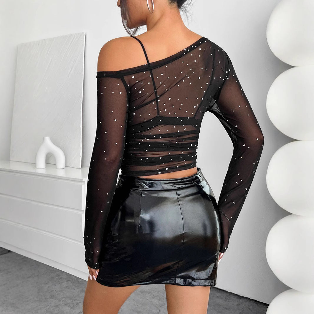New Elegant Women's Black Sequin Mesh Asymmetrical-neck Long-sleeve Top
