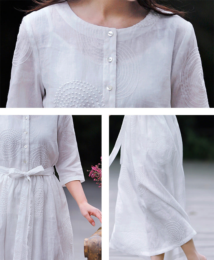 Spring And Summer Literary Leisure Round Neck Linen Embroidered Dress Women