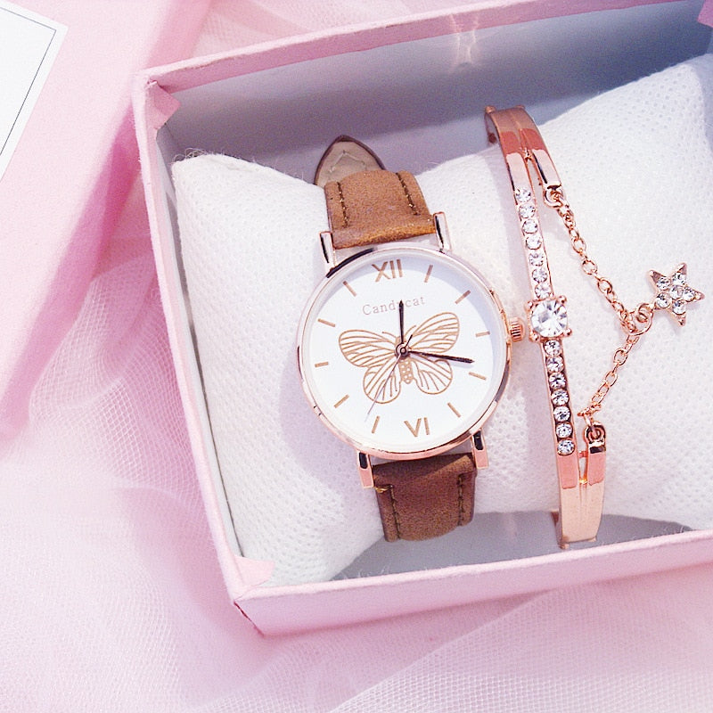 Ladies Fashion Trend Wild Butterfly Dial Belt Quartz Watch