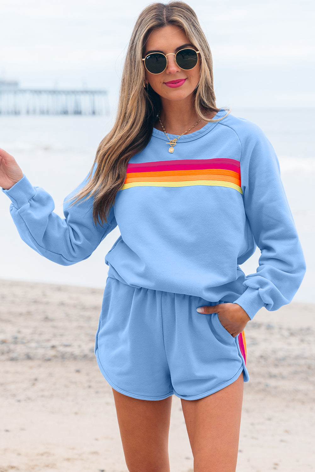 Beau Blue Accent Pullover and Shorts Two Piece Casual Set