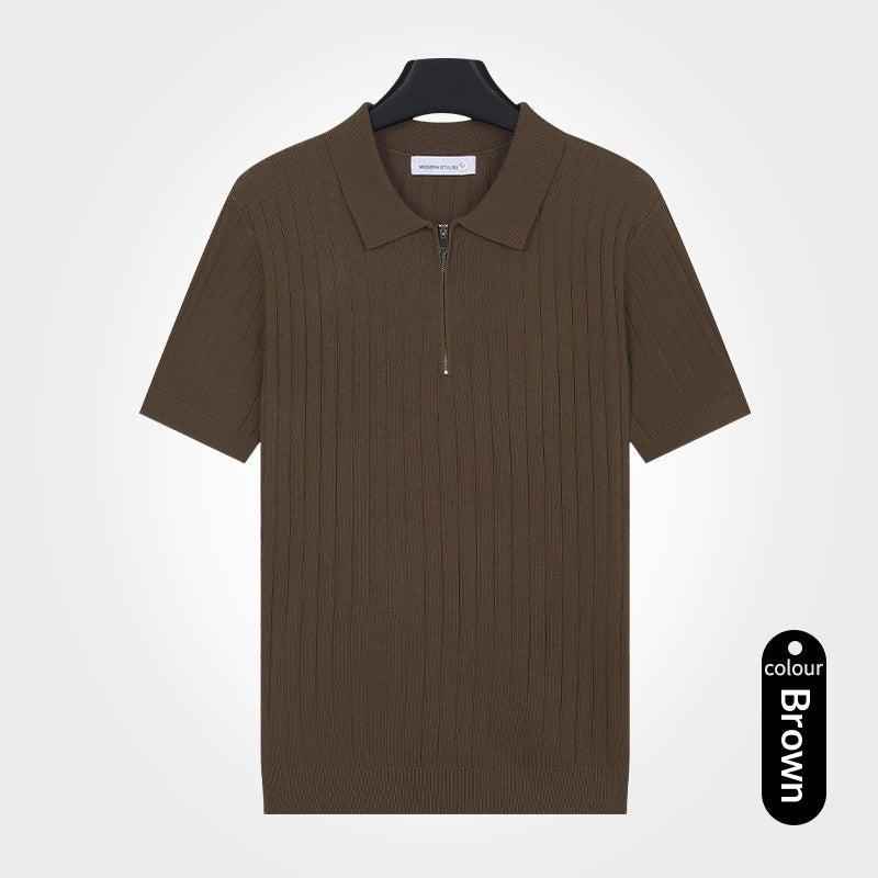 Old-money-style Lapel Zip-up Short-sleeve T-shirt Knit Sweater