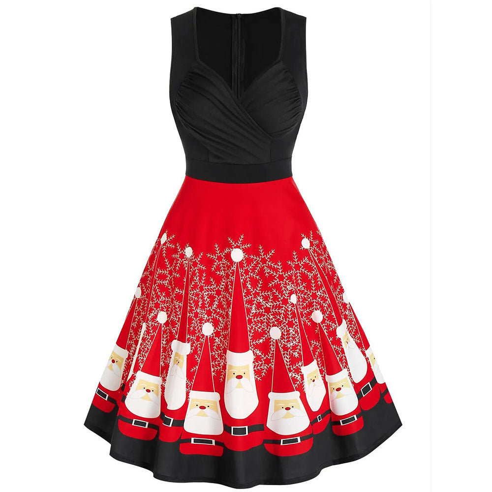 Christmas Women's Fur Patchwork V-neck Long Sleeved Dress