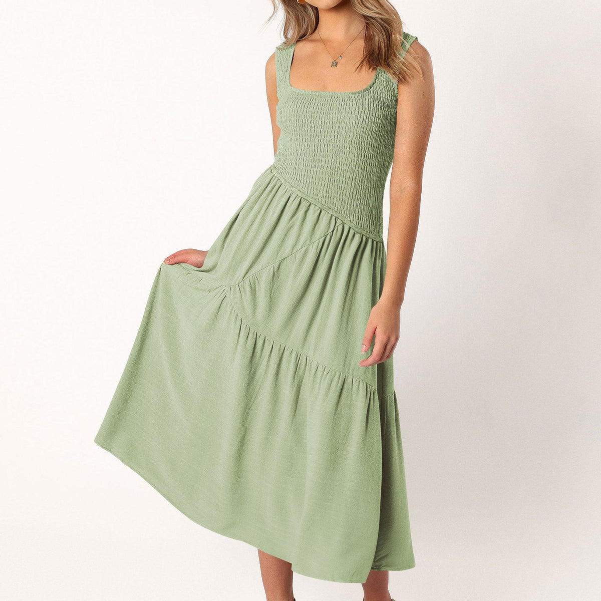 Embroidered Smocked Puff-Sleeve Maxi Dress Ivory