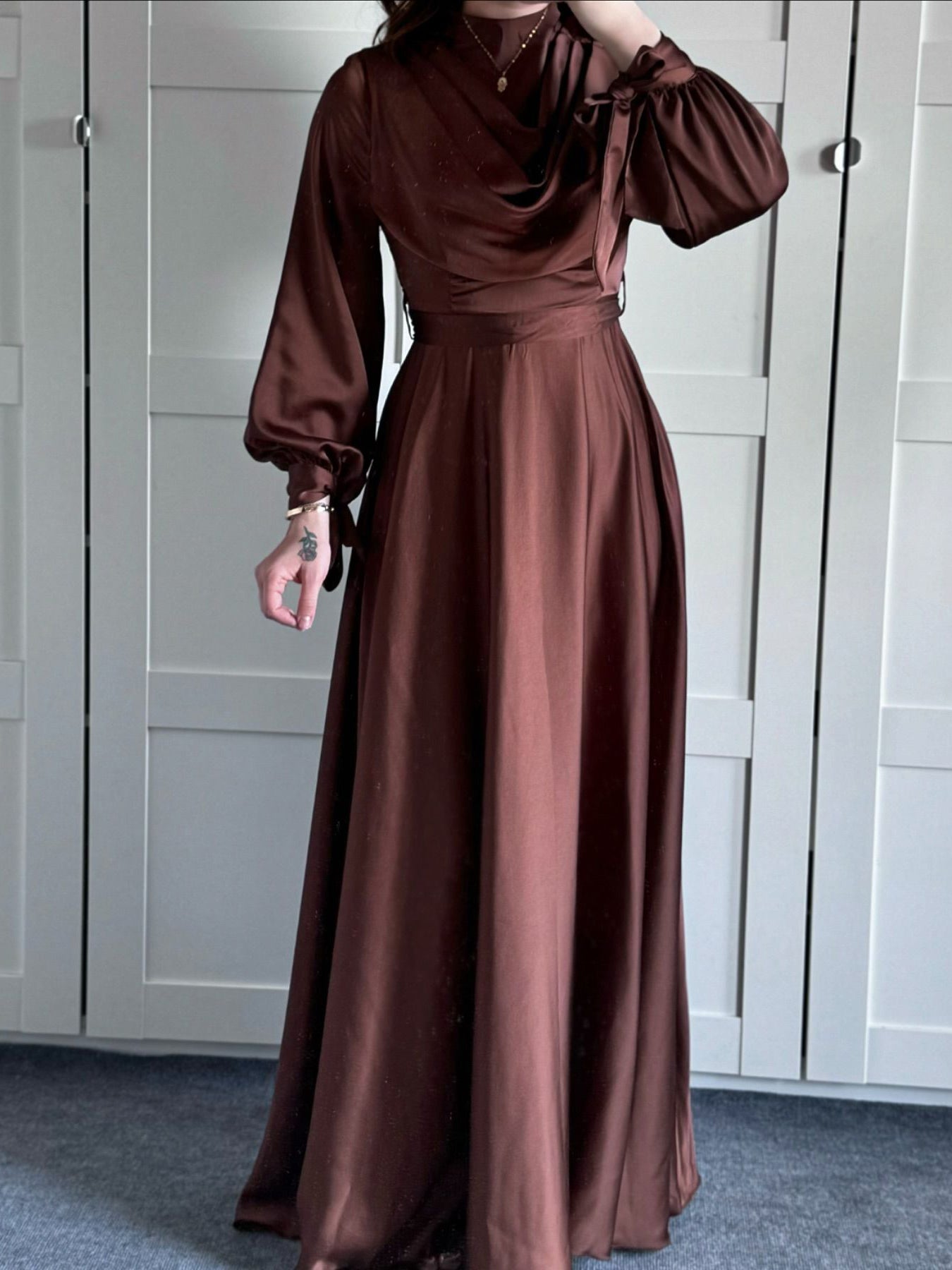 Satin Plunge Neck Long Sleeve Maxi Dress | Evening Gown