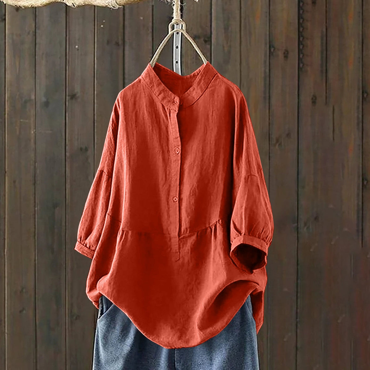 Mandarin-collar Single-breasted Traditional-style Solid-color Long-sleeve Pullover Shirt