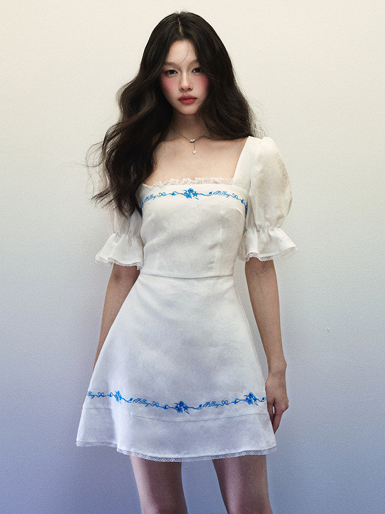Women's Summer Blue Embroidered Horn Short Sleeve White Linen Generous Neck Dress