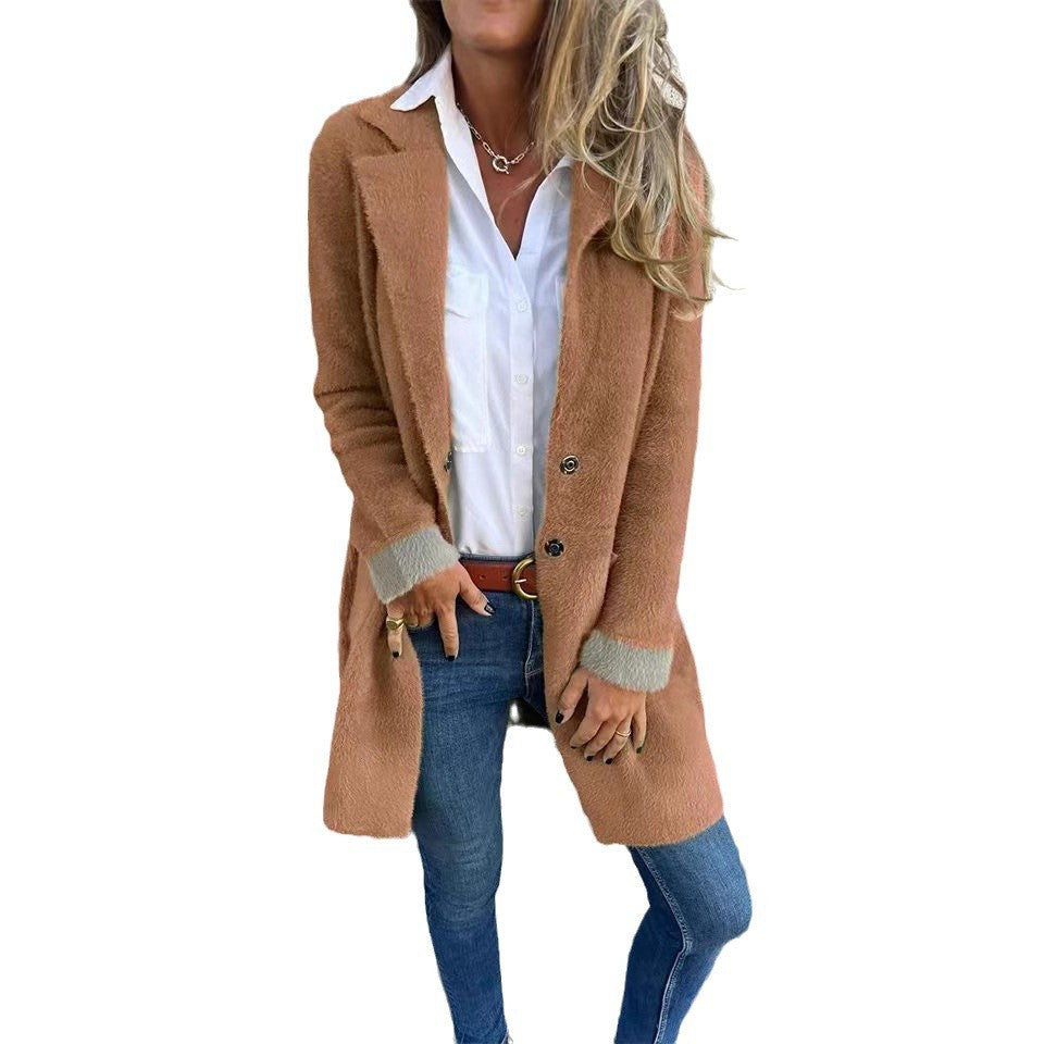 Polo Collar Pocket Cardigan Single-breasted Mid-length Plush Coat