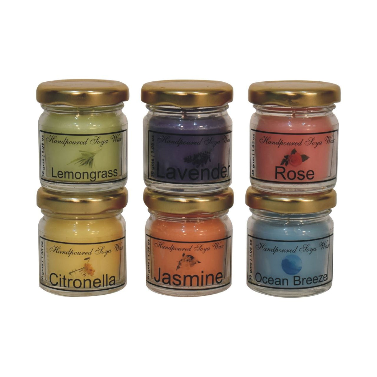 Artisan Mini Candle Set of 6 (Lemongrass, Lavender, Rose, Citronella, Jasmine and Summer Tides)