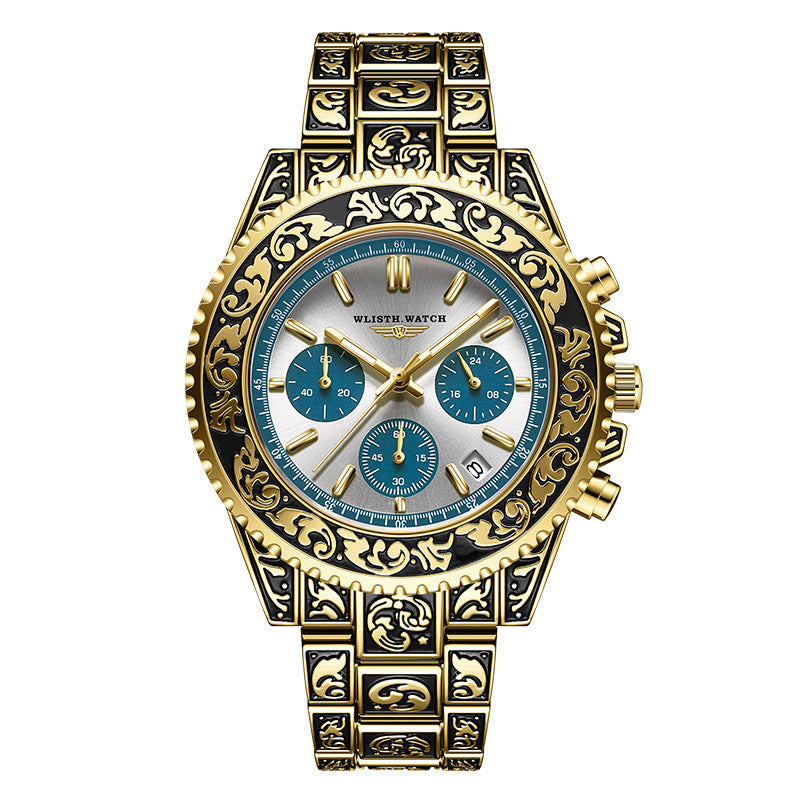 Vintage Engraving Quartz Multi-function Men's Watch