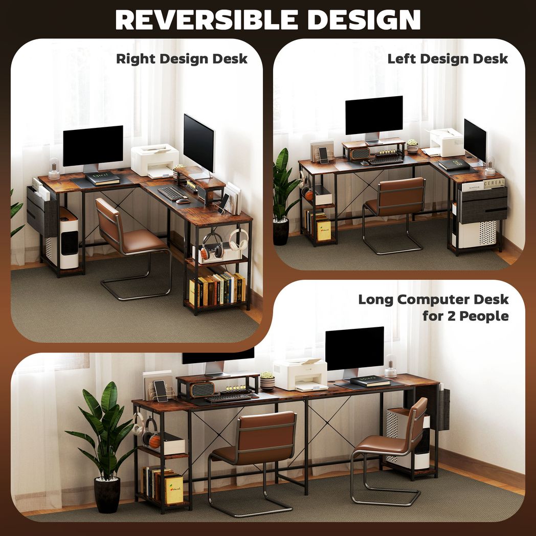 HOMCOM L-Shaped Desk 168cm | Reversible Corner Desk & 240cm Two-Person Workstation – Black/Rustic Brown