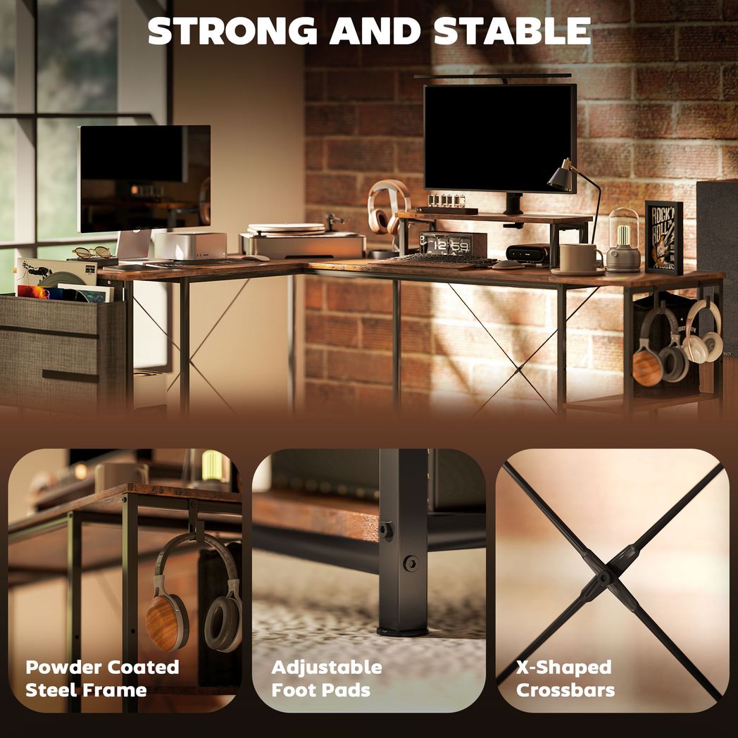 HOMCOM L-Shaped Desk 168cm | Reversible Corner Desk & 240cm Two-Person Workstation – Black/Rustic Brown