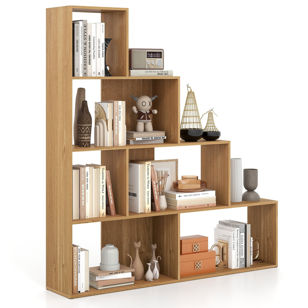 4-Tier Stepped Bookshelf Modern Ladder Bookcase with 6 Storage Cubes-Natural
