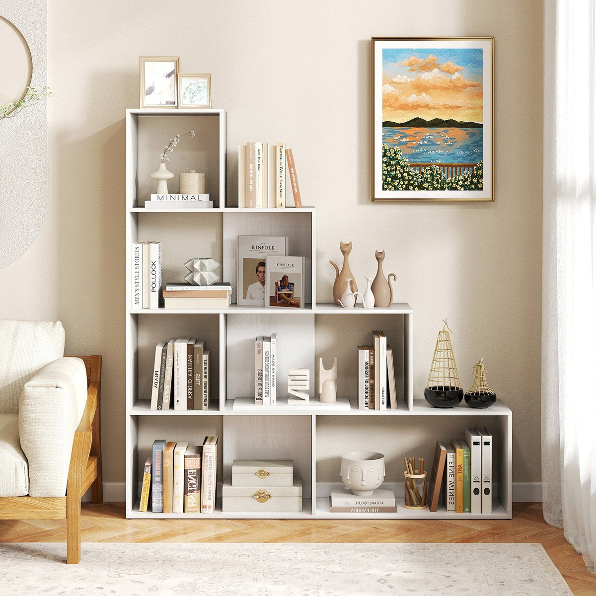 4-Tier Stepped Bookshelf Modern Ladder Bookcase with 6 Storage Cubes-Natural
