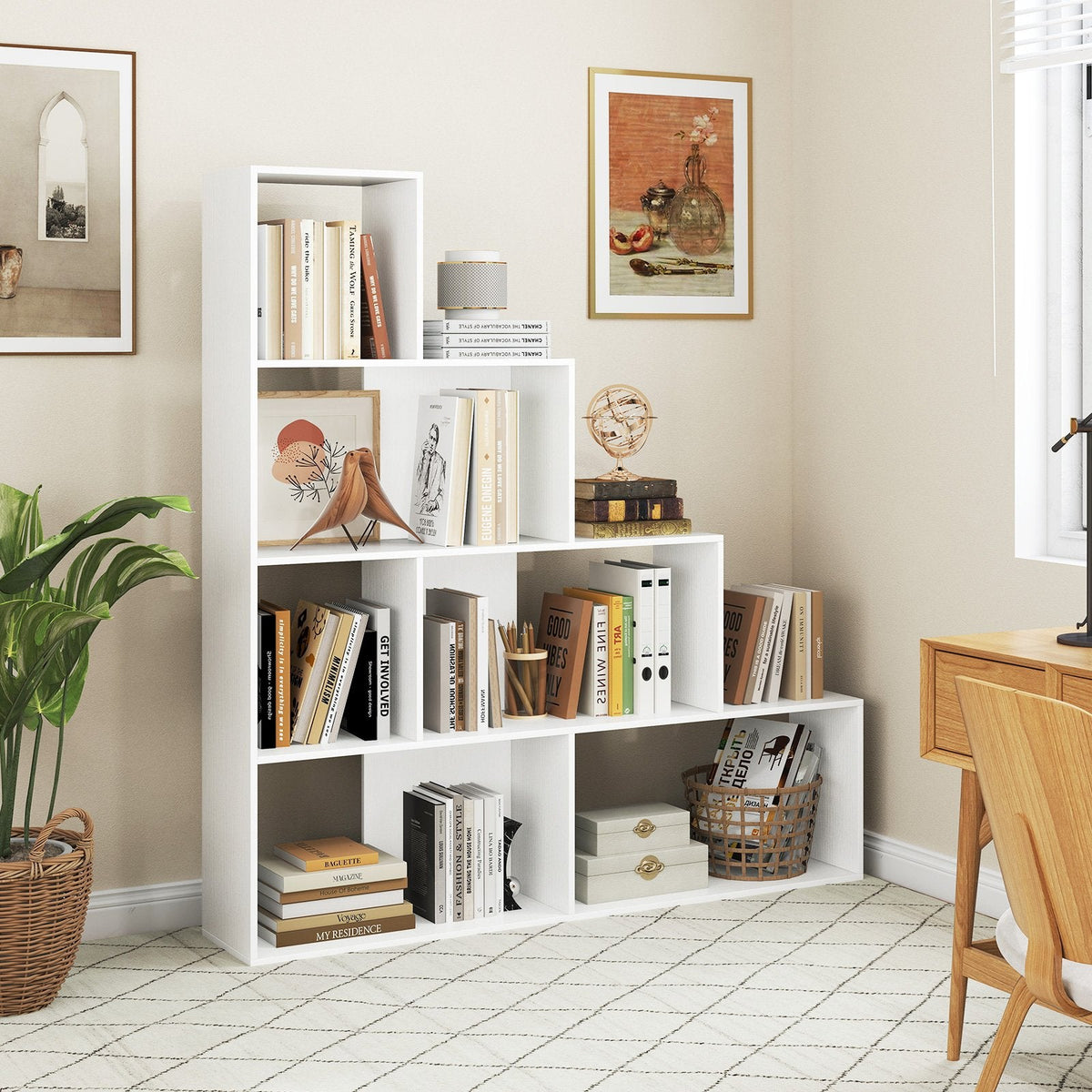 4-Tier Stepped Bookshelf Modern Ladder Bookcase with 6 Storage Cubes-Natural