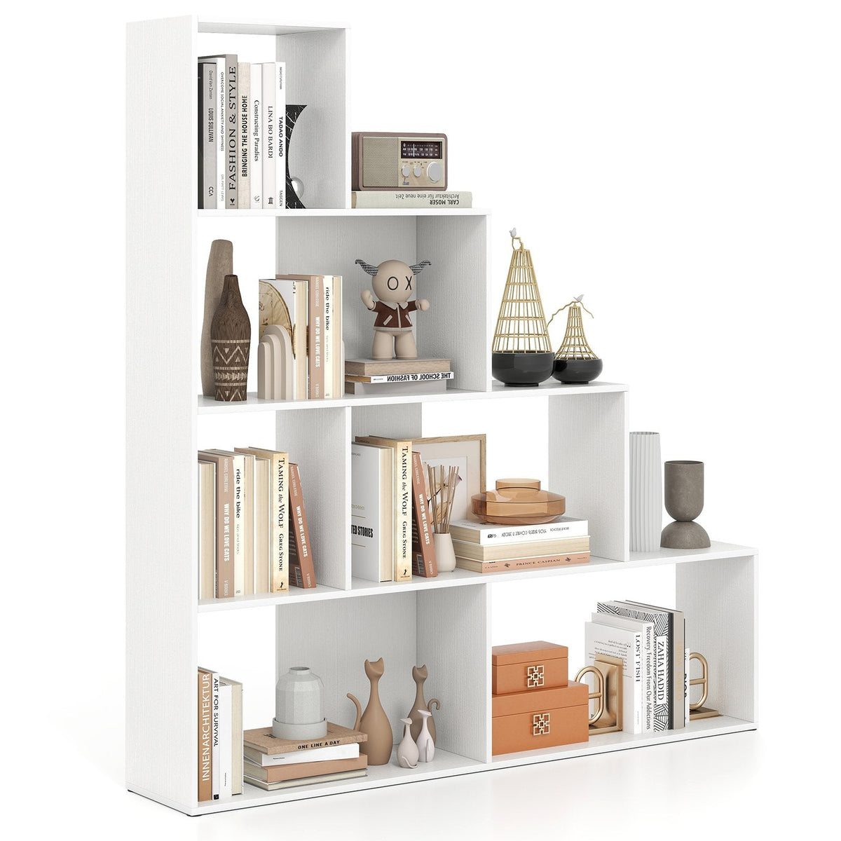 4-Tier Stepped Bookshelf Modern Ladder Bookcase with 6 Storage Cubes-Natural