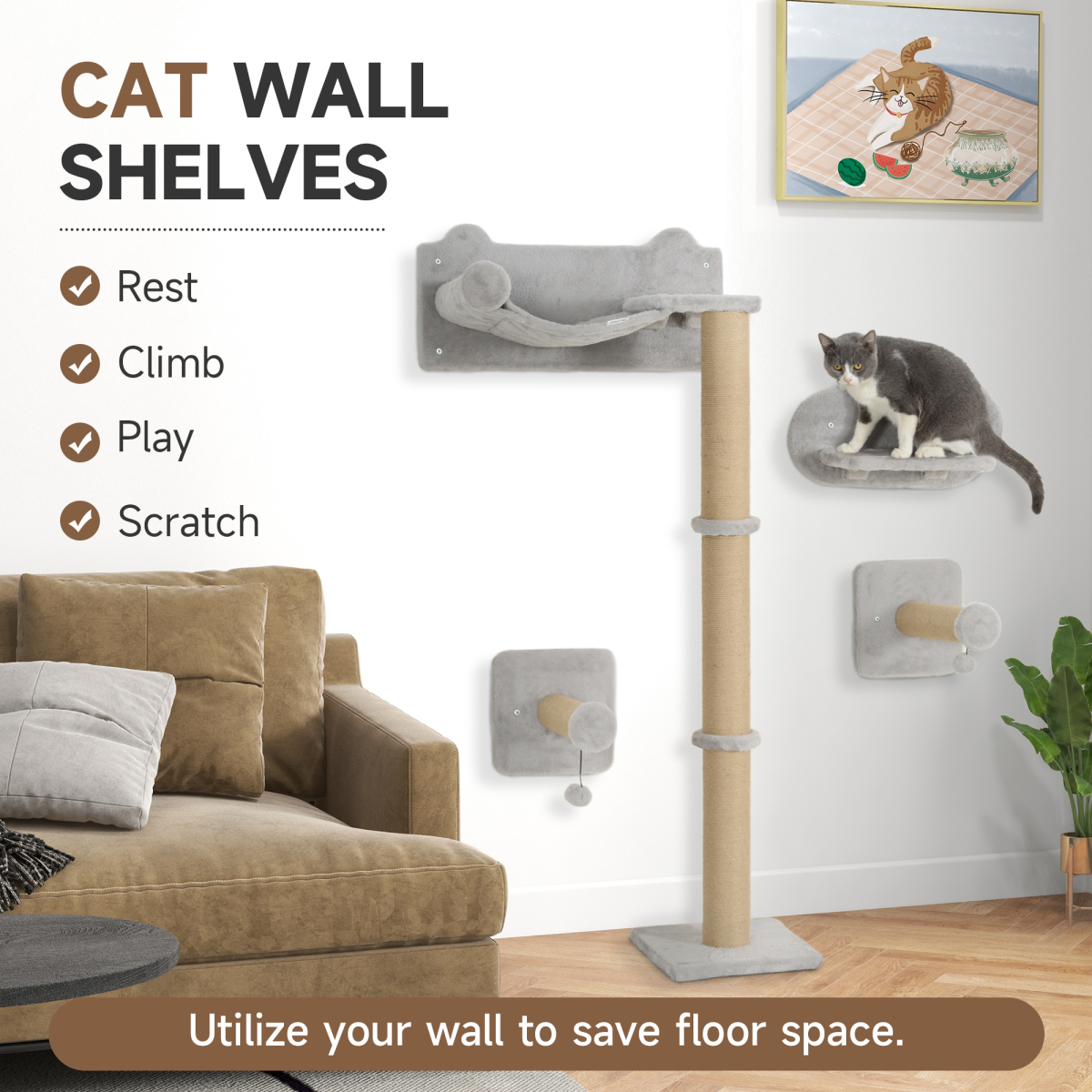 PawHut 4 Piece Cat Shelves w/ Scratching Post, Steps, Jumping Platform