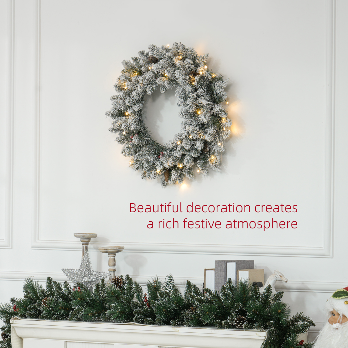 HOMCOM 60cm Flocked Christmas Wreath with Lights Pine Cones Red Berries Green
