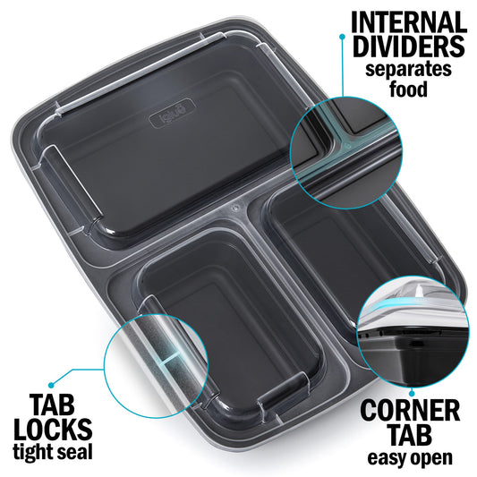3-Compartment Reusable Meal Prep Containers with Airtight Lids – 946ml | Igluu