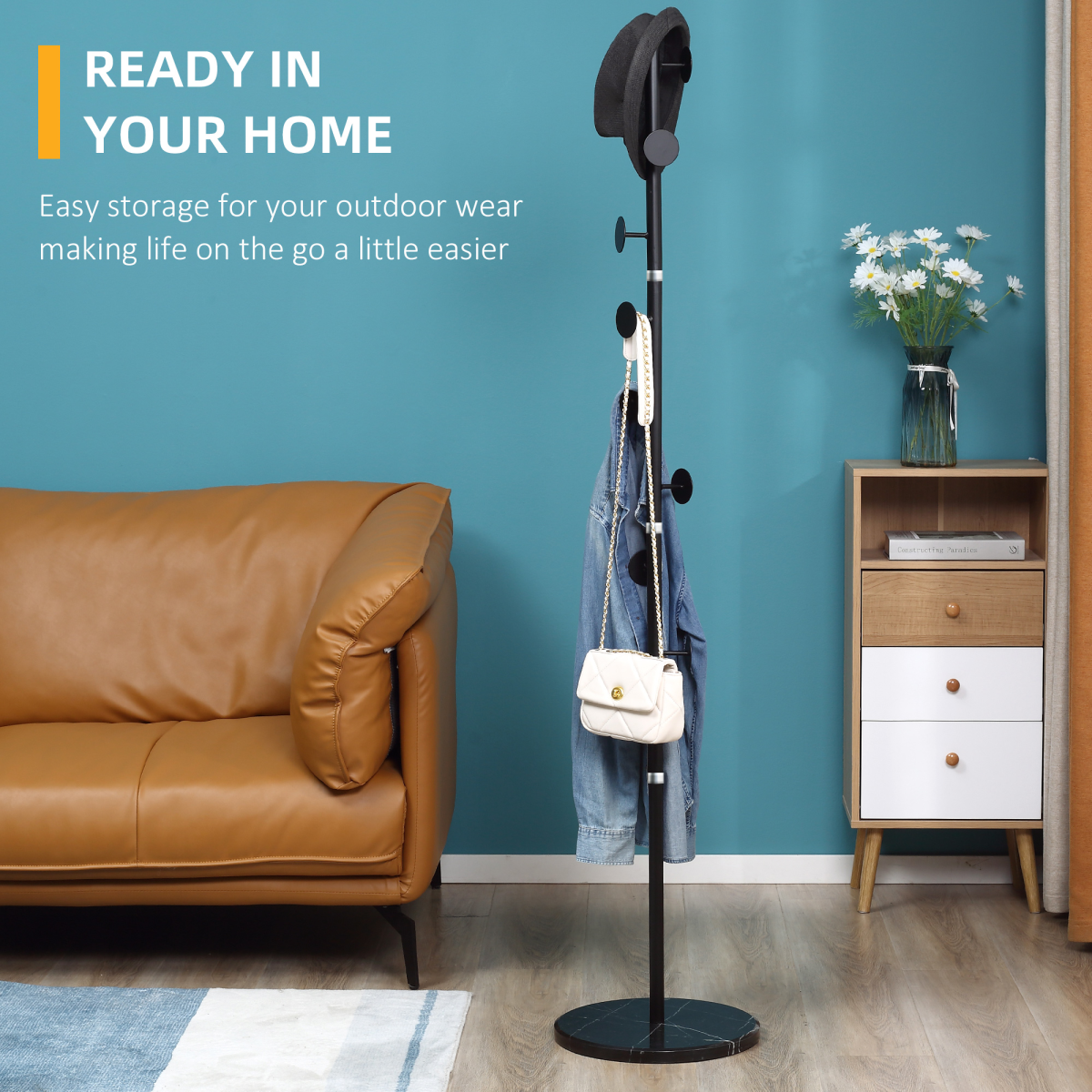Steel Coat Stand Rack Marble Base 8 Hook for Living Room Entryway,Black