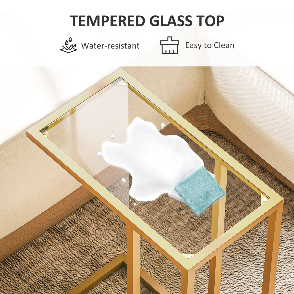 HOMCOM C-Shaped Side Table, End Table with Tempered Glass Tabletop, Gold