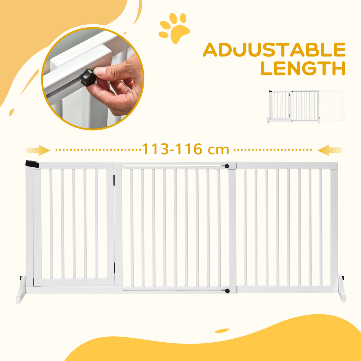 Freestanding Length Adjustable Wooden Pet Gate with Lockable Door 3 Panels White
