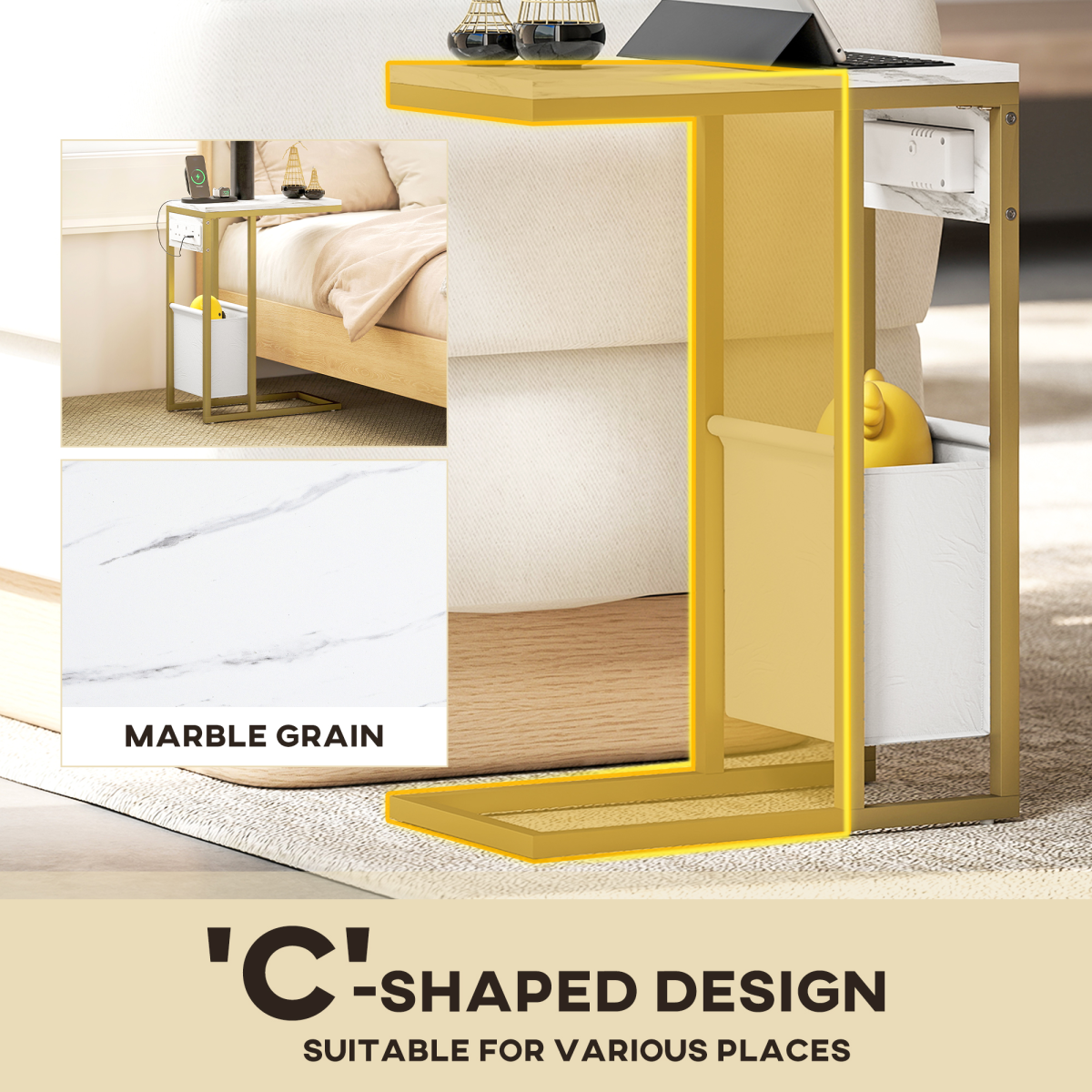 HOMCOM C Shaped Side Table, Faux Marble Bedside Table with Charging Station
