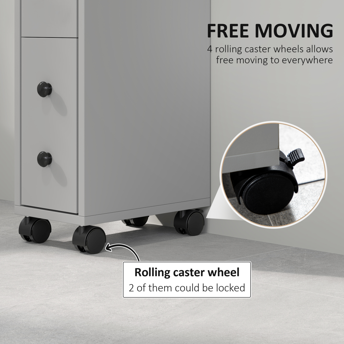 kleankin Slim Bathroom Storage with 2 Drawers, 2 Open and Wheels, Grey