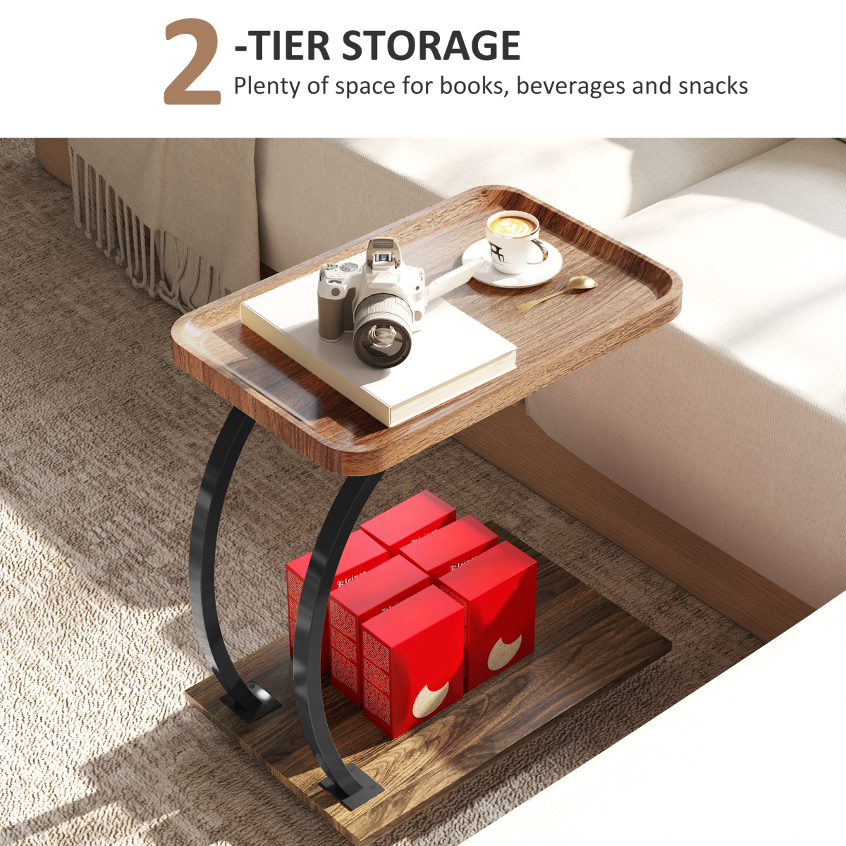 HOMCOM C Shaped Side Table with Storage & Wheels for Living Room, Brown