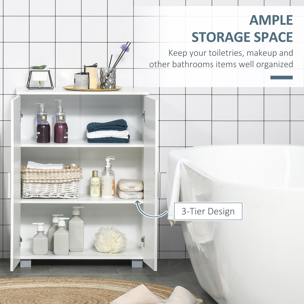 Modern Bathroom Floor Cabinet,  with 3 Tier Shelves, White
