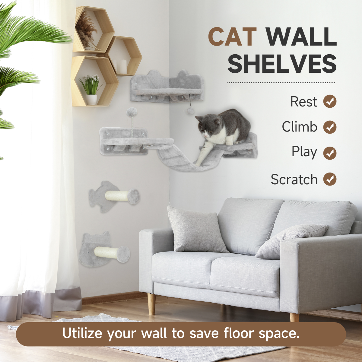 PawHut 4PCs Cat Wall Shelves with Steps, Ladder, Jumping Platforms