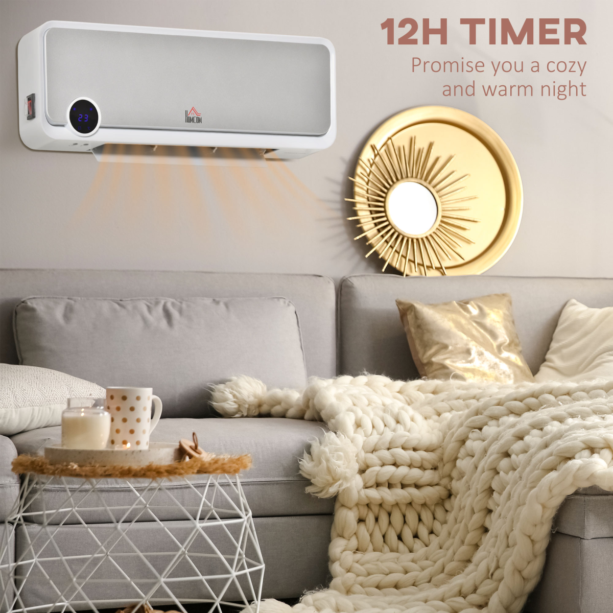 Wall Mounted Downflow Ceramic Heater with 12h  Timer, Remote