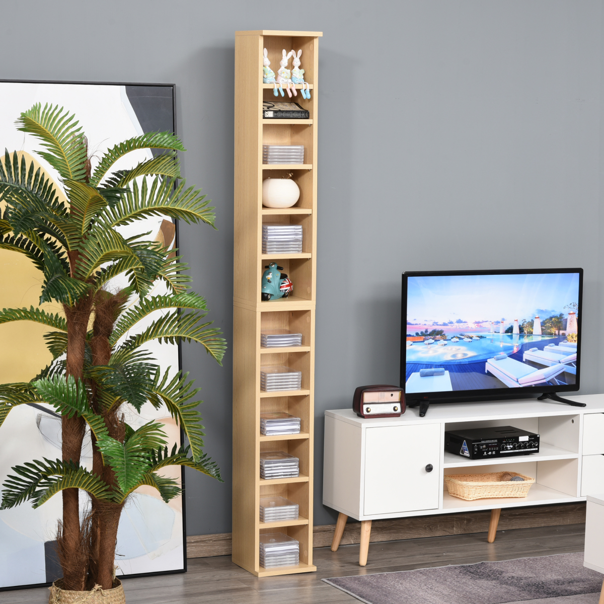 Set of 2 CD Media Display Shelf Unit Tower Rack w/ Adjustable Shelves Wood Color