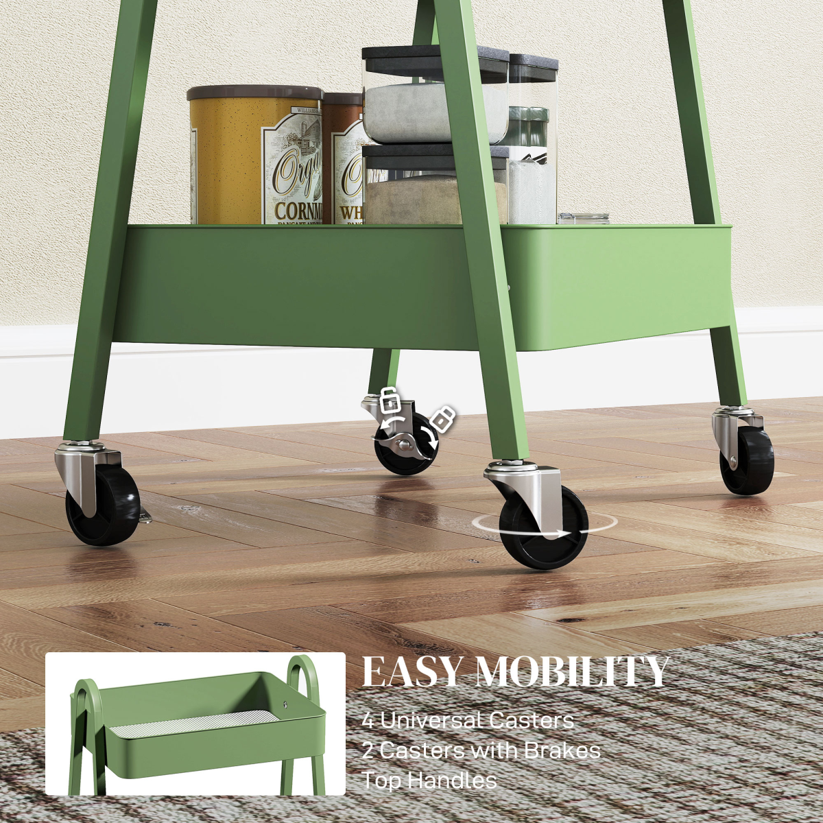 HOMCOM 3-Tier Rolling Utility Cart Kitchen Storage Trolley on Wheels Green