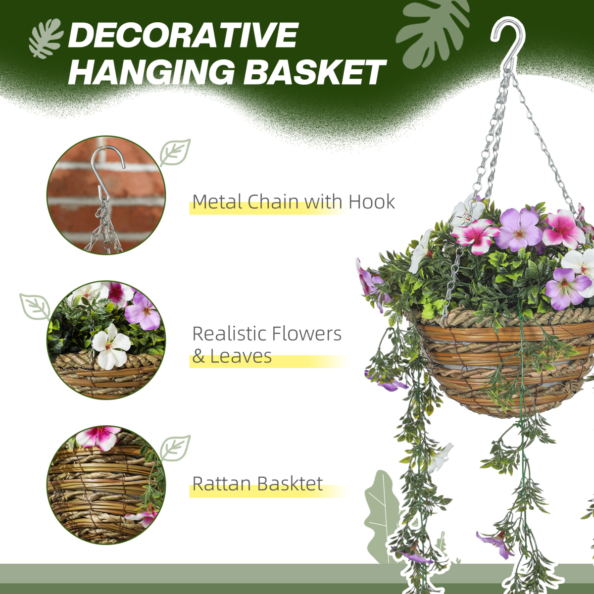 HOMCOM Set of 2 Artificial Plants, Azalea Flowers in Basket