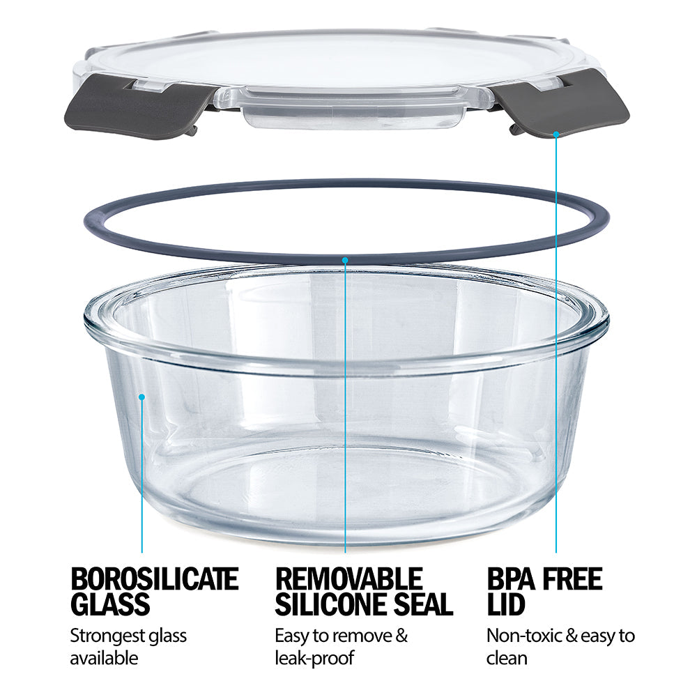 Glass Stackable Round Food Storage Containers – 3 Pack (400ml, 650ml & 950ml)..