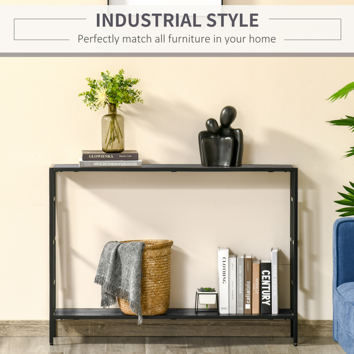 Console Table  2 Shelves MDF Steel Frame in Art Deco Square Style 76x106cm