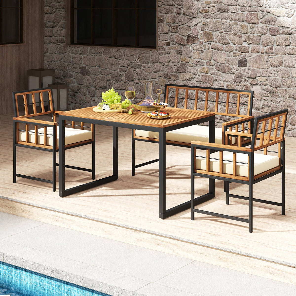 4 Pieces Acacia Wood Patio Dining Set with 1 Rectangular Table-Brown