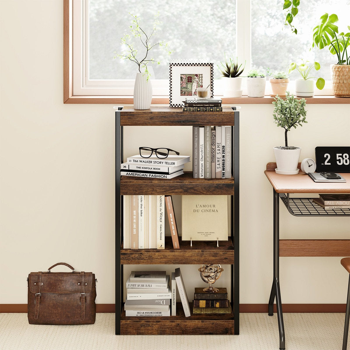 4 Tier Wooden Bookcase Bookshelf with Dual Anti-Tipping Kits-Rustic Brown