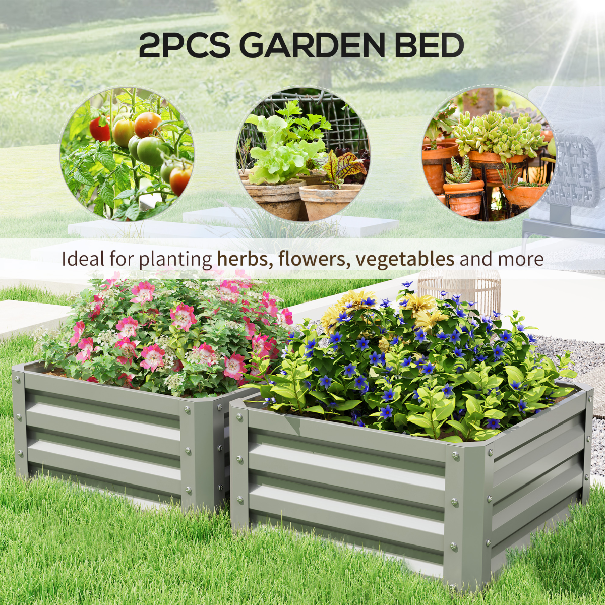 Outsunny Set of 2 Raised Garden Bed Galvanised Planter Box, Light Grey