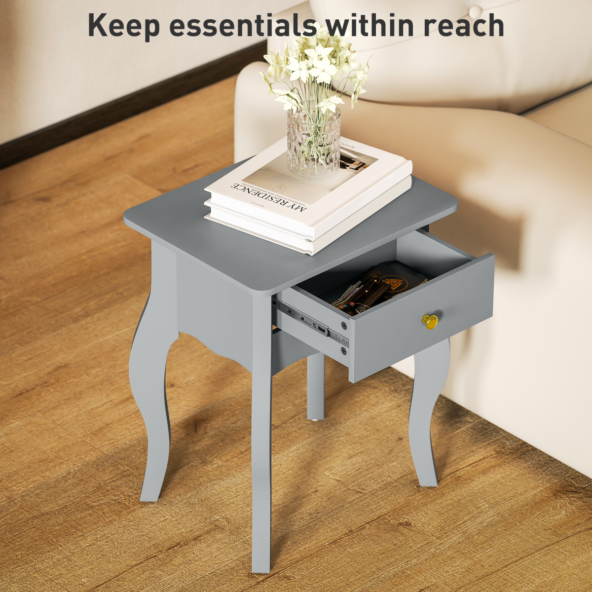 HOMCOM End Table French Style Small Table with Drawer and Curved Legs, Grey