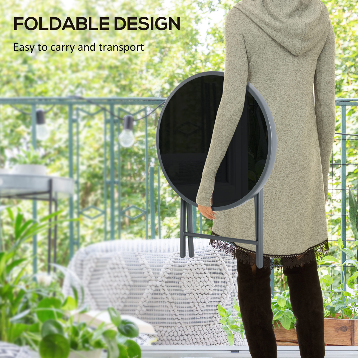 Outsunny Round Folding Side Table w/ Imitation Marble Glass Top, Black
