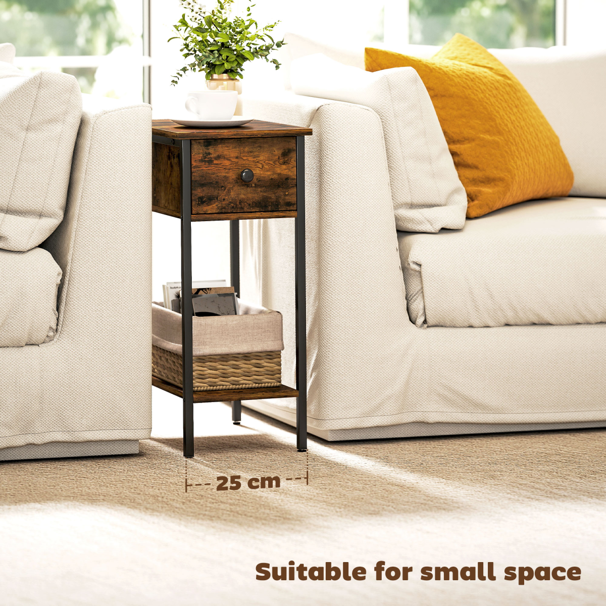 HOMCOM Industrial Slim End Table Nightstand for Small Spaces Rustic Brown