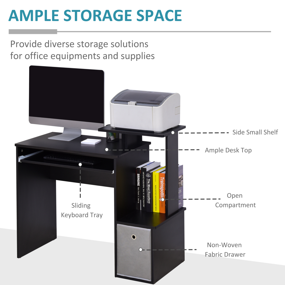 Computer Desk with Sliding Keyboard Tray Storage Drawer Shelf  Black