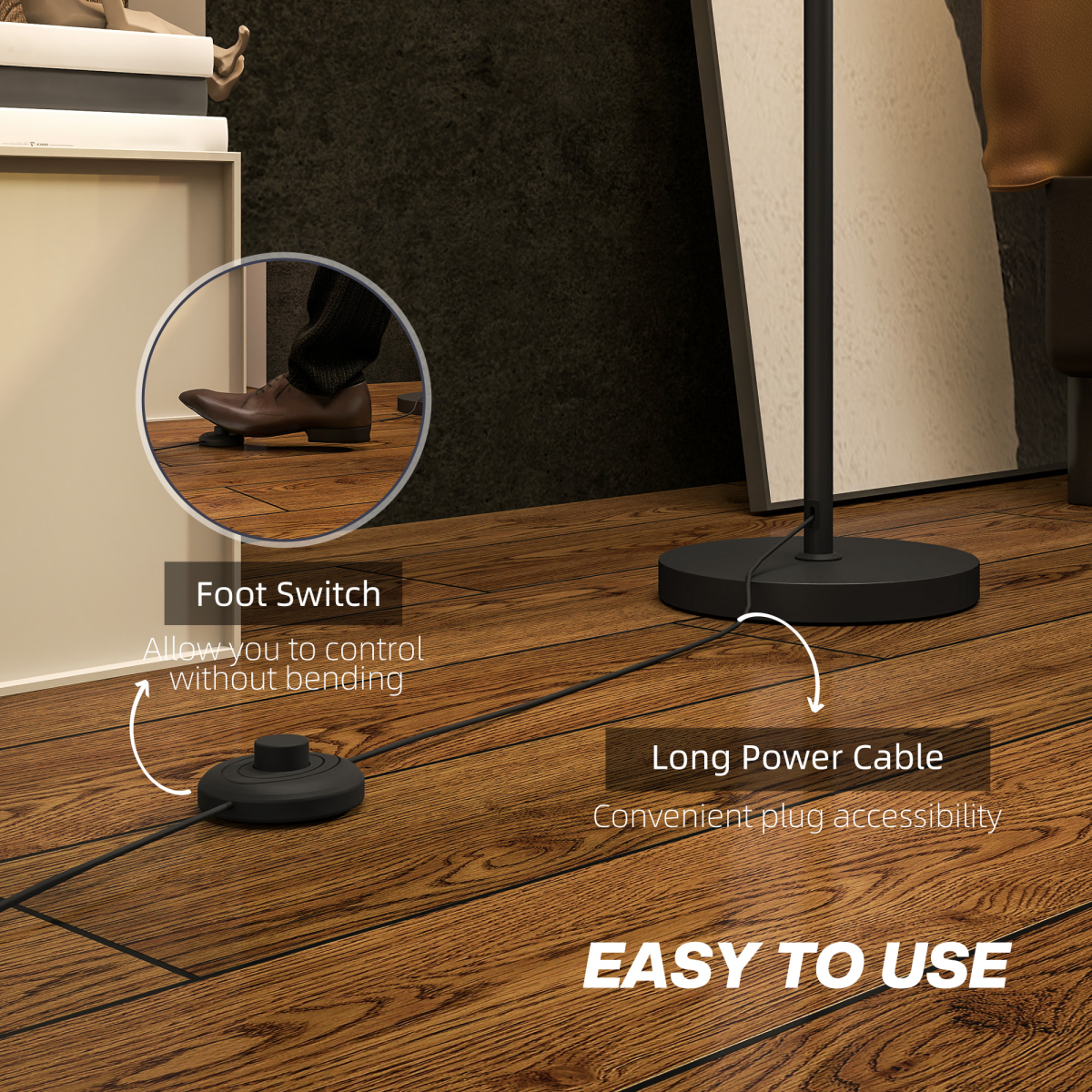 HOMCOM Floor Lamp with Linen Shade & Foot Switch for Living Room, White