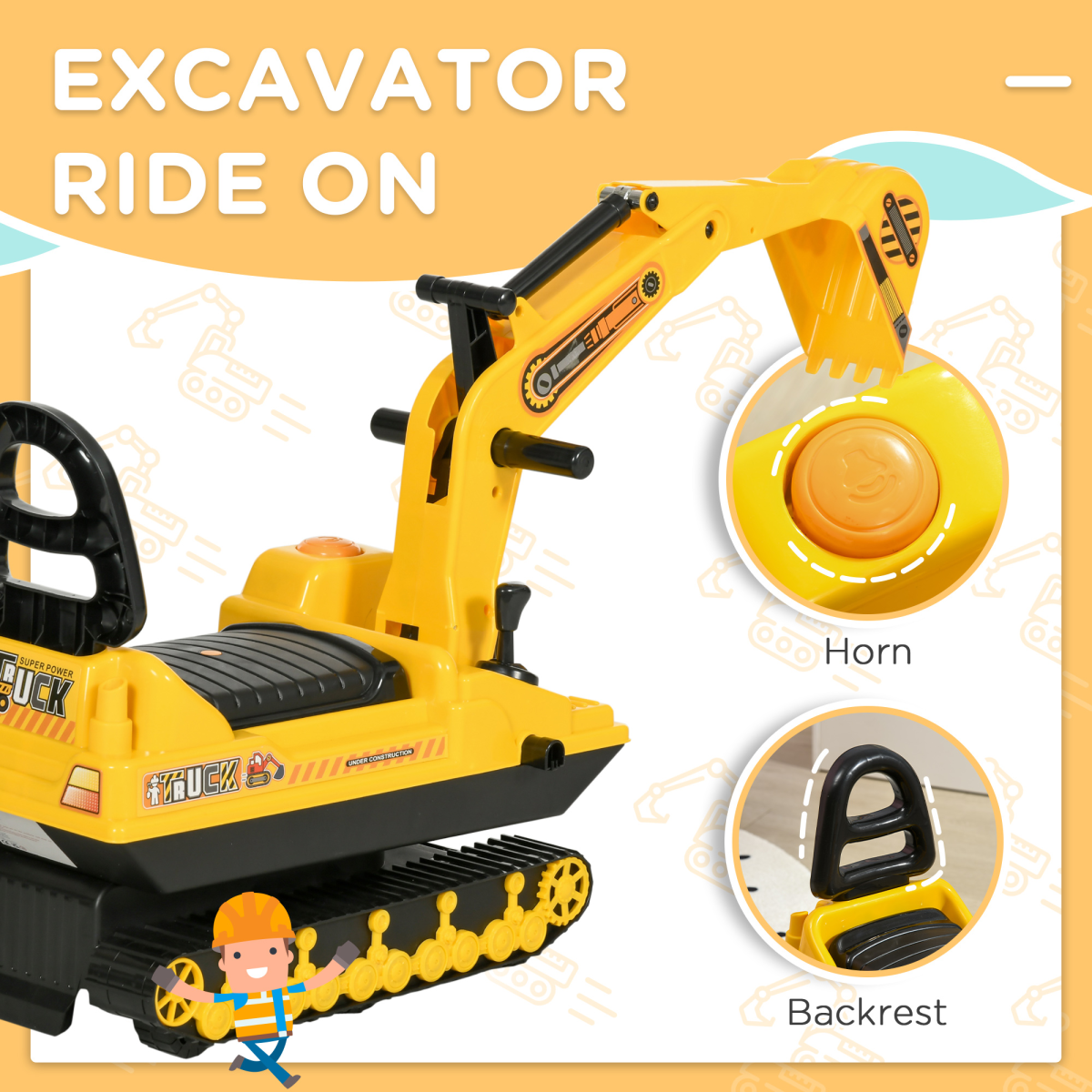 Ride On Excavator Toy Tractors Digger Movable Walker Construction Truck HOMCOM